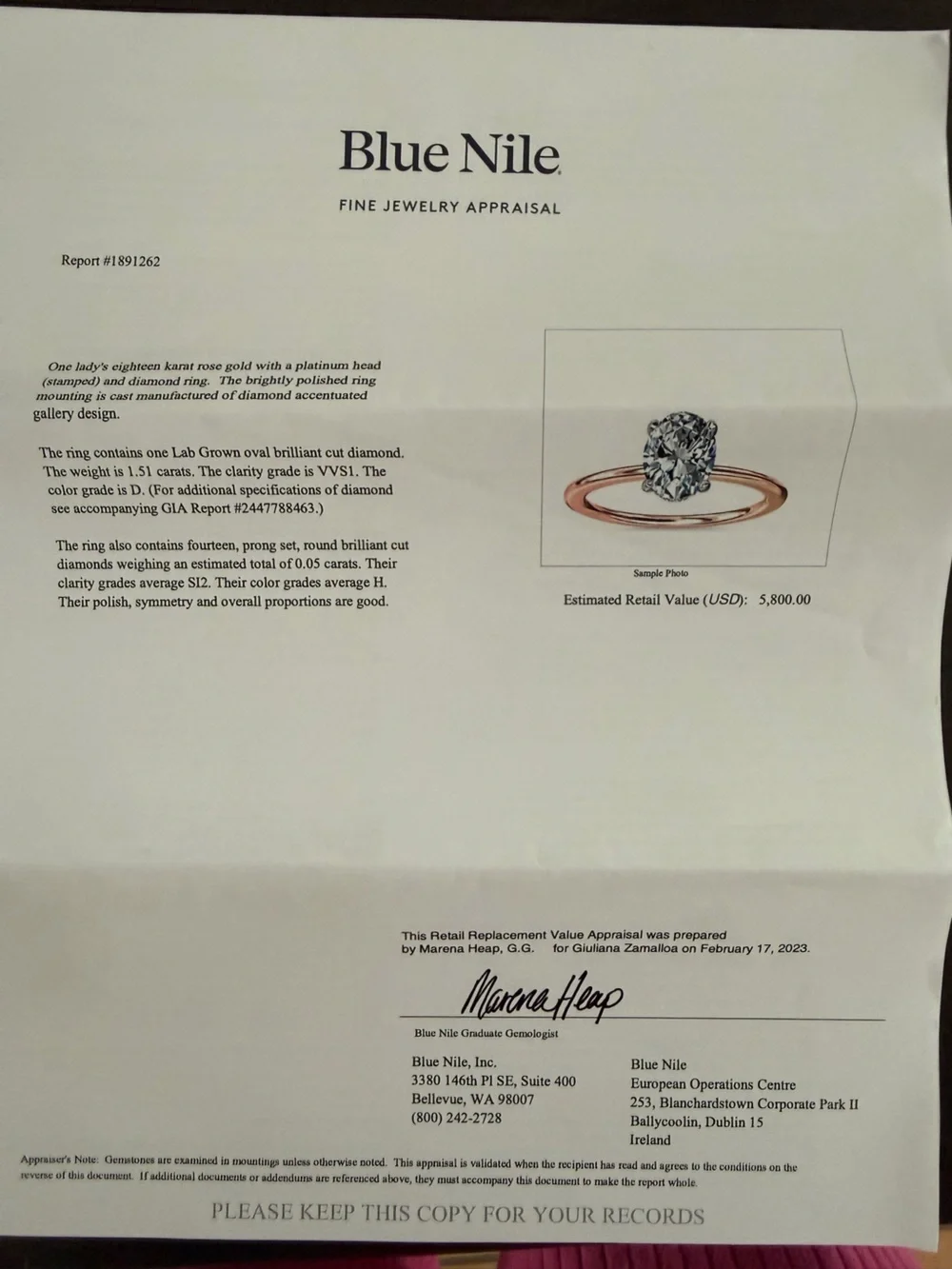 Size 6 Blue Nile: Rose Gold Solitaire Oval-Cut 1.51c Lab grown Diamond Ring